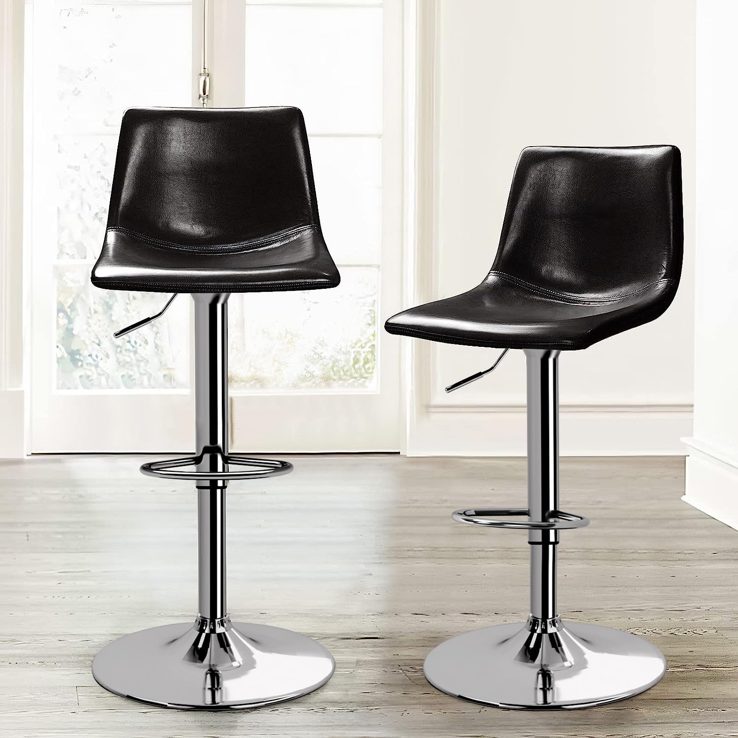 VATROS Bar Stools Set of 2, Adjustable Bar Stools with Back and Footrest, PU Leather Upholstered Swivel Counter Height Bar Stools for Home Kitchen Island-Black