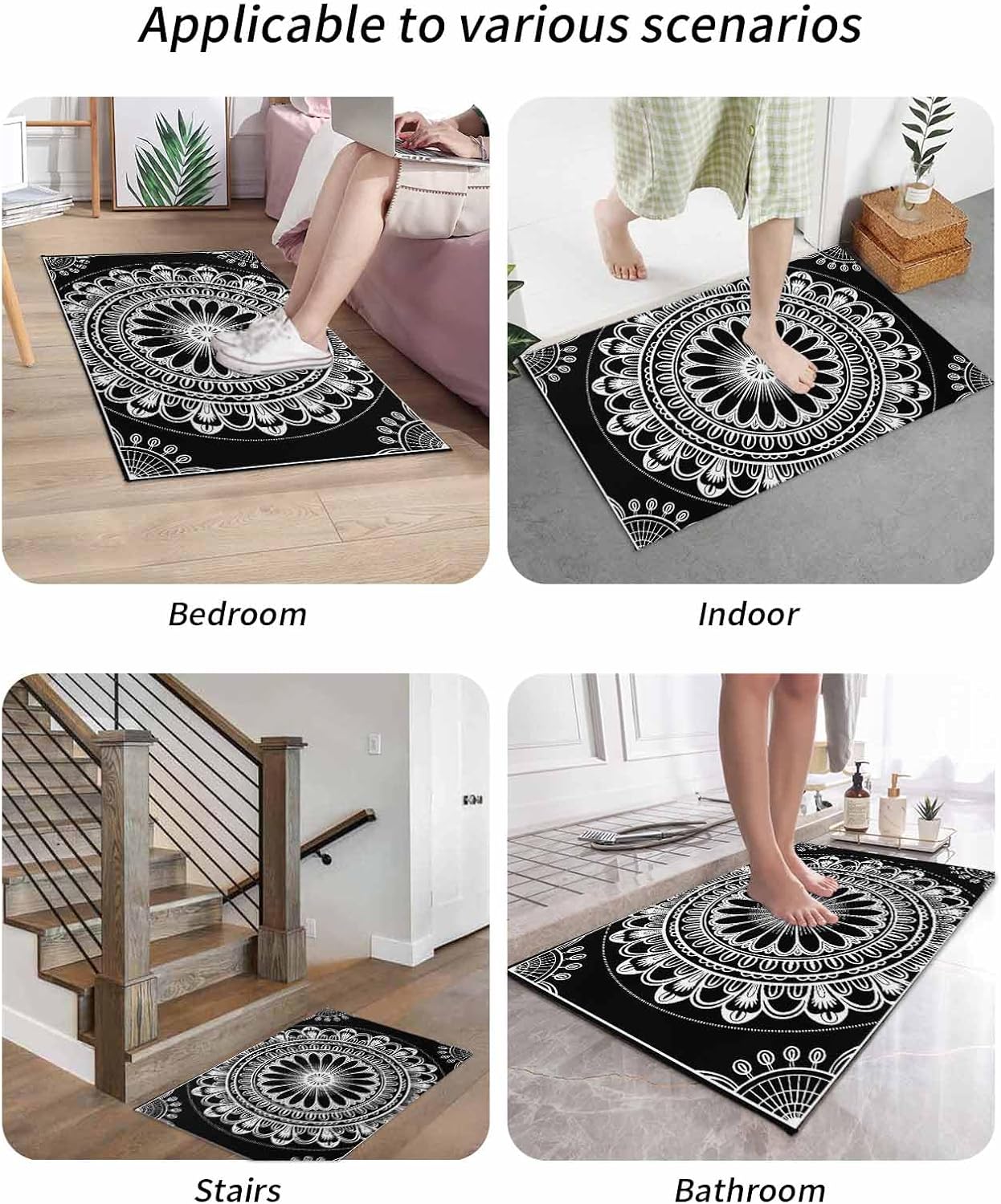 Front Door Mat Indoor Outdoor Abstract Art Ethnic Floral on Black Non-Slip Doormat Low Profile Patio Porch Entryway Rug 18x30in Bohemia Flower