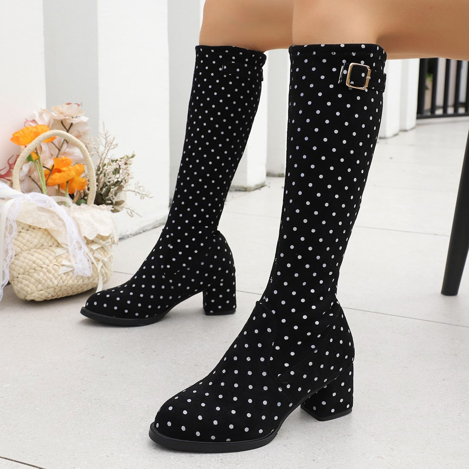 Eleganti Stivali Al Ginocchio Con Stampa A Pois Boots Chelsea Da Donna