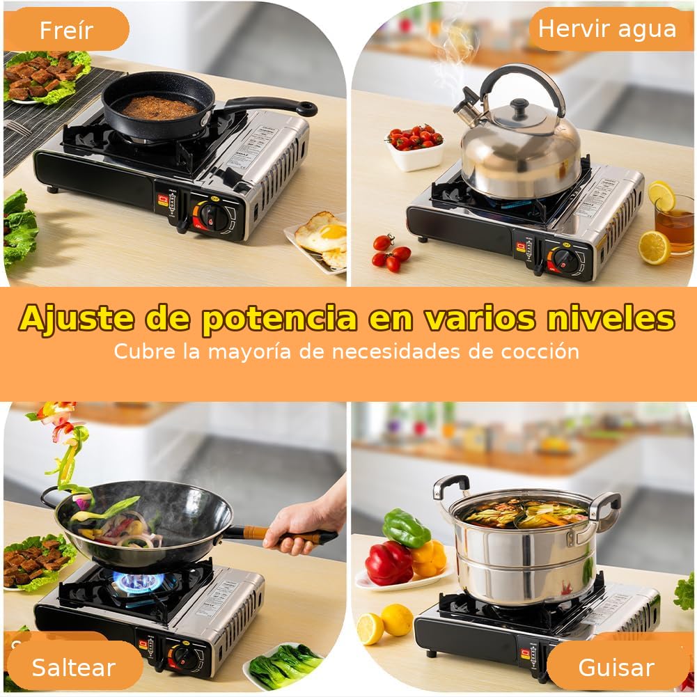Camping Gas Portatil con Bombona, Pack Hornillo + 4 Cartuchos, Cocinal, Infernillo, Fogareiro, Hornillo Camping Gas Portátil.