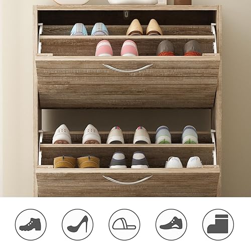 Miniatura 6 de FUFU&GAGA Gabinete de madera para zapatos con 3 cajones abatibles para entrada, gabinete estrecho de almacenamiento de zapatos con 3 cajones Marrón