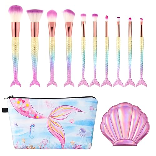 Juego de brochas de maquillaje de sirena, 12 brochas de maquillaje para niños, kit de brochas de maquillaje con bolsa de cosméticos espejo para