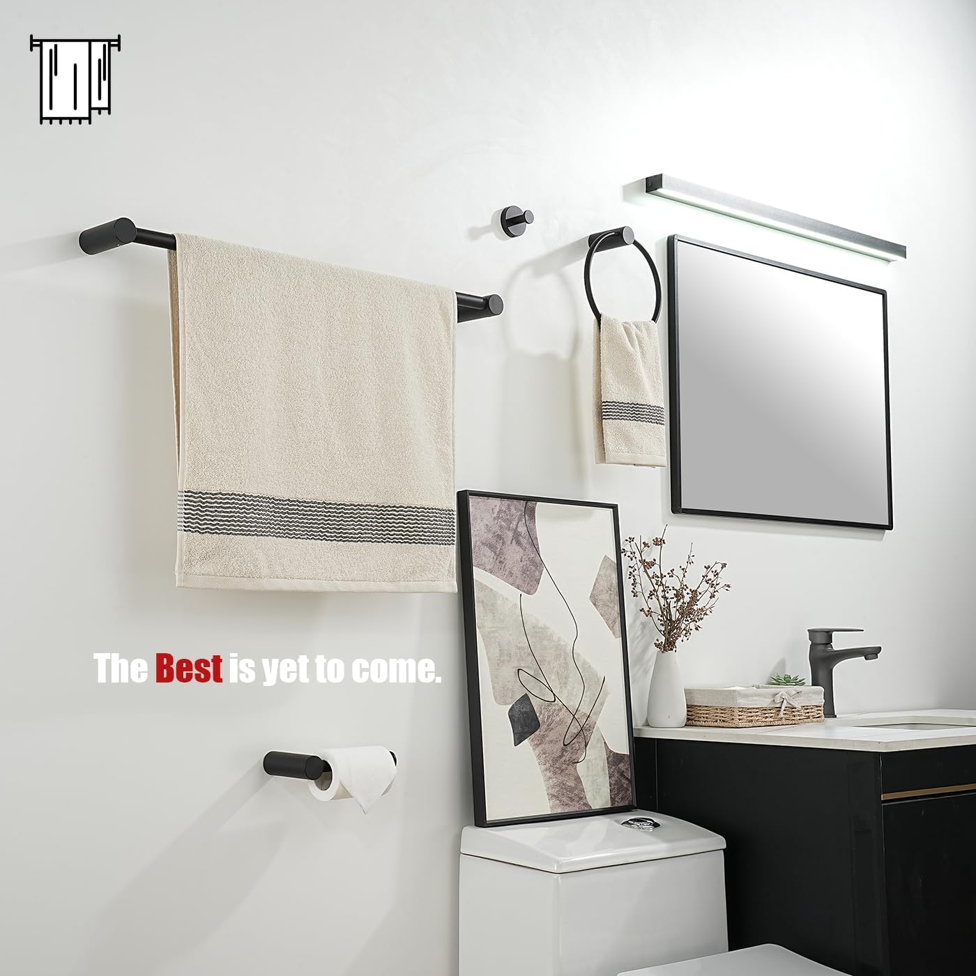 JQK Bathroom Hardware Set Black, 5-Piece Bath Accessories Set Wall Mount Includes 24 in Towel Bar, Towel Ring, Toilet Paper Holder, 2 Towel Hooks, BAS625-PB