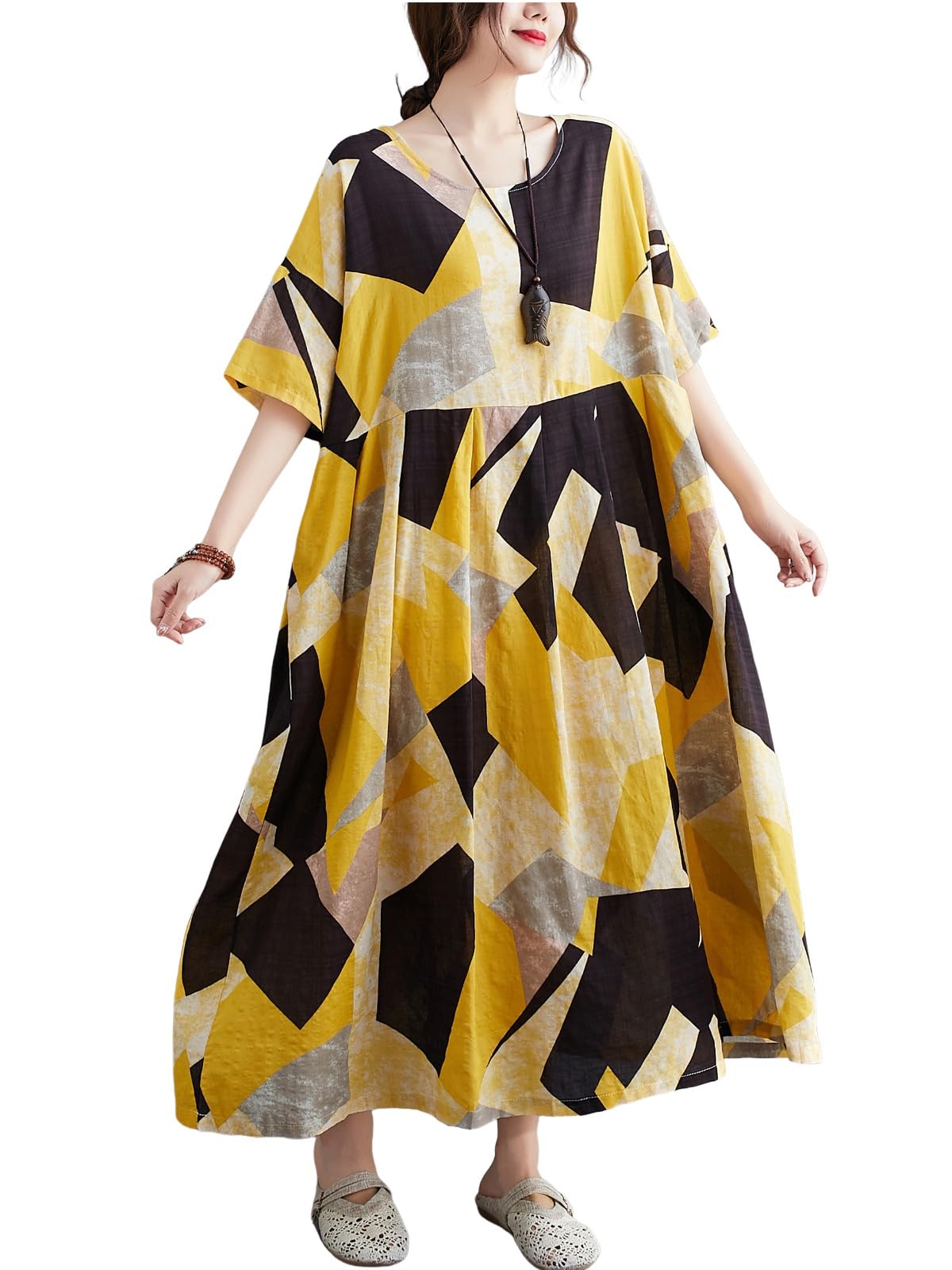 ENGLUCK Women Plus Size Color Block Dress Geometric Block Print Round Neck Side Pockets Casual Loose Dresses