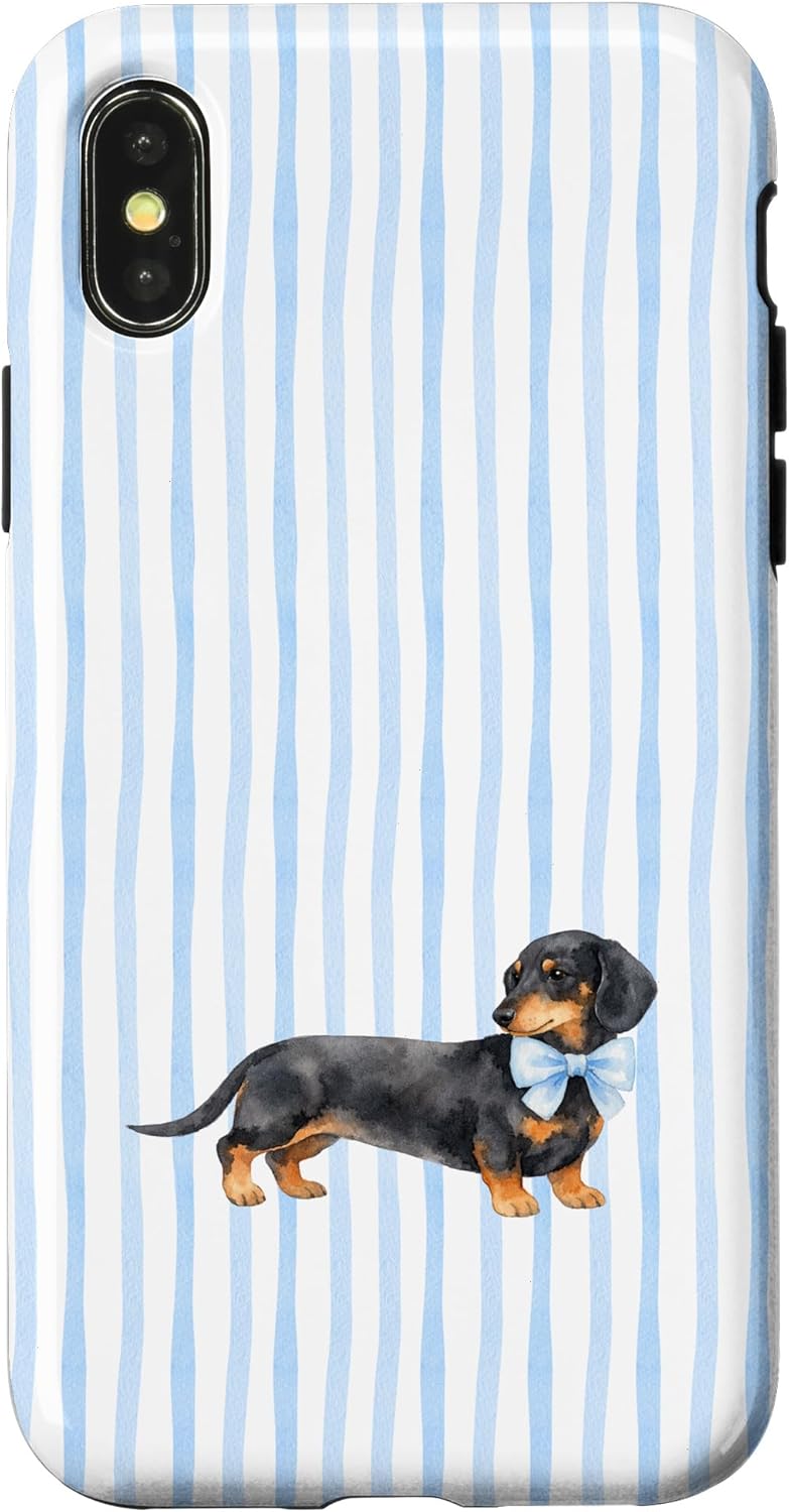 Watercolor Dachshund Blue Bow Minimal Stripe Art Case for iPhone 17 Pro