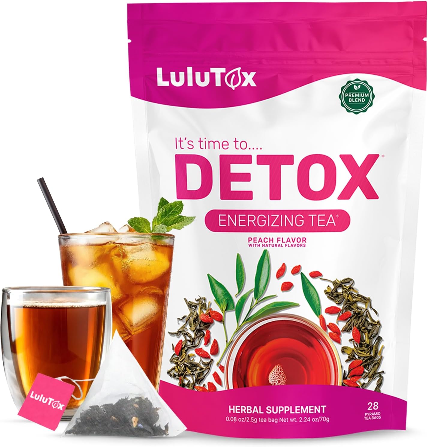 LULUTOX Detox Tea - Herbal Blend with Dandelion, Ginseng, and Ginger - Supports A Healthy Weight, Digestive Health - Vegan, All Natural, Laxative-Free - Peach Flavor (28 Servings)