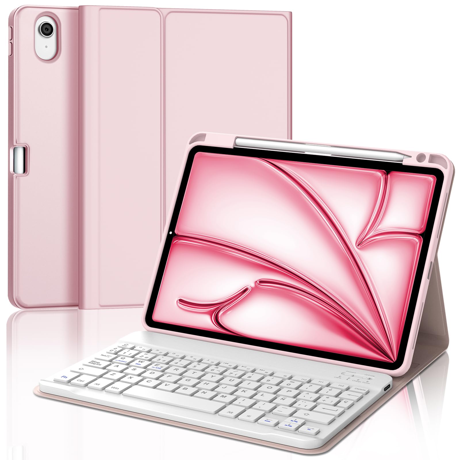 Teclado para iPad Air 11 M2/M3 2024/2025, Funda para iPad Air 11 Pulgadas 2024/2025 con Español Ñ Teclado Bluetooth Magnético Desmontable con Portalápices, Rosa