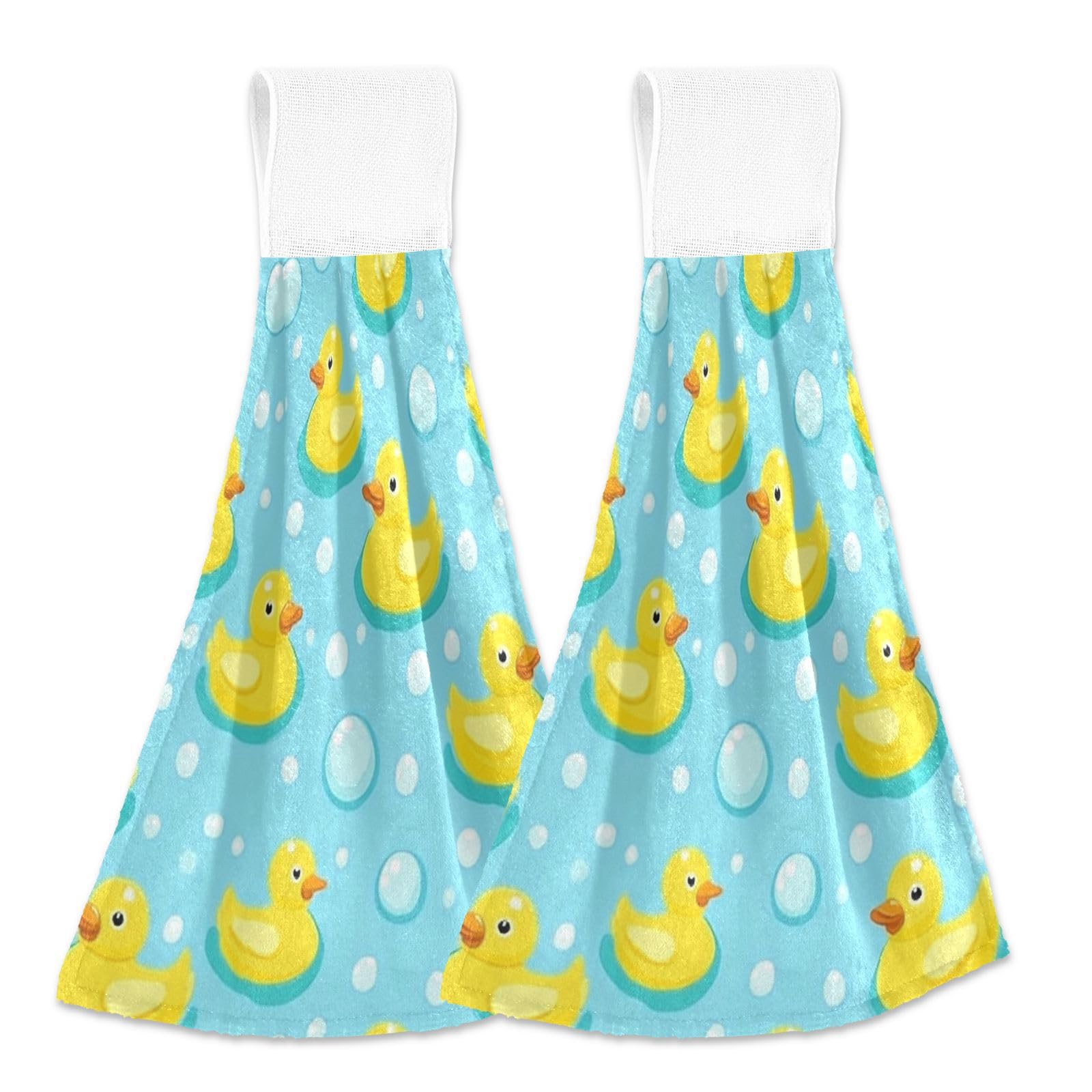 Kcldeci Hand Towels for Kitchen Cute Yellow Rubber Ducks Bathroom Hand Towels Kitchen Towels with Hanging Loop, Set of 2 Hanging Tie Towels