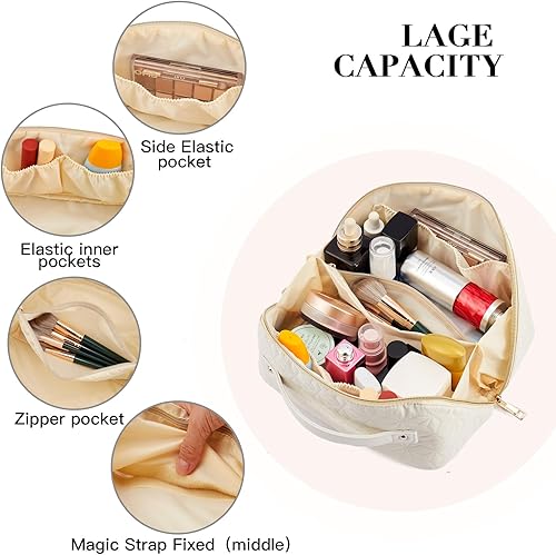 Miniatura 3 de Telena Bolsa de maquillaje de gran capacidad, bolsa de cosméticos portátil de piel sintética resistente al agua, bolsas organizadoras de maquillaje