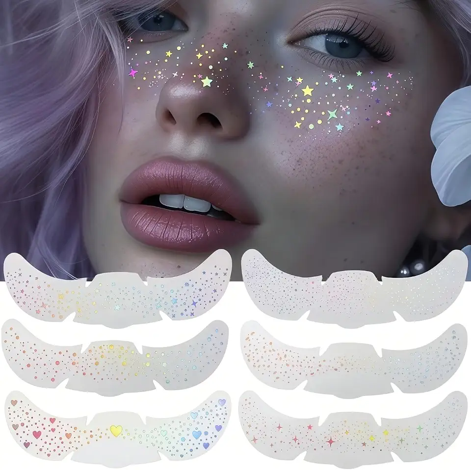 6 adesivos de glitter para o rosto do festival, tatuagens temporárias com pontos de coração estrelado para festivais de música, rave, Halloween, cosplay, festa, maquiagem, fácil de aplicar e remover