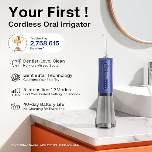 Miniatura 2 de Bitvae - Irrigador dental inalámbrico, limpiador de dientes con hilo dental, portátil, con depósito de agua de 300 ml/10 oz, púas de limpieza dental