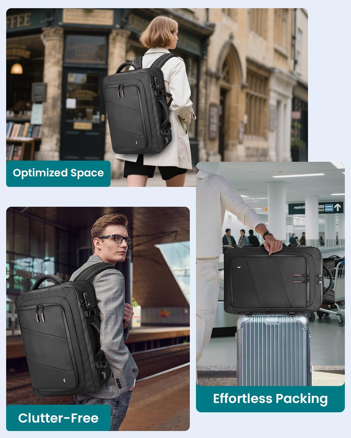 SWICKY 50L Carry on Backpack, Laptop Bag, Expandable Backpack for Airplane, Water Resistant, USB Port, TSA Lock for Women & Men, Ideal for Travel Business, Work- No Pump or Vacuum Bag Included