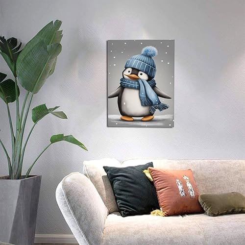 Miniatura 4 de WEASYYDS Lienzo decorativo para pared de pingüino gris de invierno, con sombrero azul, impresión de pingüinos, imagen de animales, decoración para