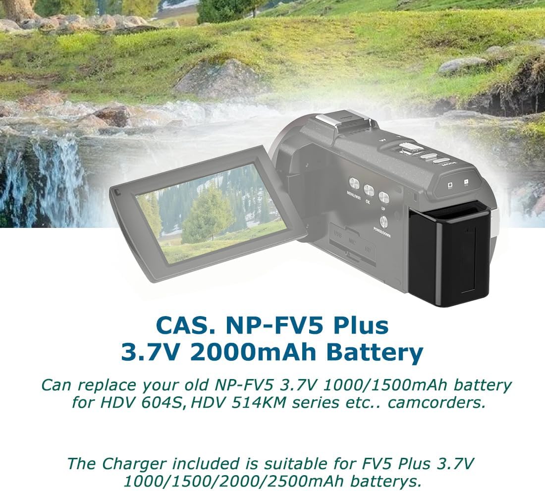 NP-FV5 Plus Battery Charger + Rechargeable Lithium Battery - Video Camera Camcorder Battery for CAS. NP-FV5 Plus 3.7V 2000mAh with Travel Charger and USB Charging Cable