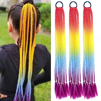 Colored Braids Hair Extensions with Rubber Bands Rainbow Braided Synthetic Hairpieces Ponytail Hair Accessories False Overhead Tail for Girls 24 inches Straight Hair Synthetic Hairpieces in the Party