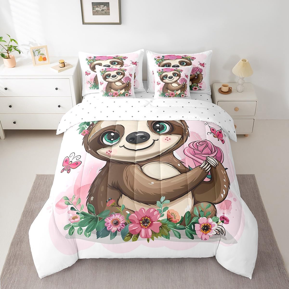 Feelyou Girls Sloth Bedding Set for Kids Cute Animal Comforter Set King Size 7 Pieces Rose Floral Bed in a Bag Cartoon Sloth Butterfly Bed Set with Comforter, Sheet Set, Pillowcases, Pillow Covers