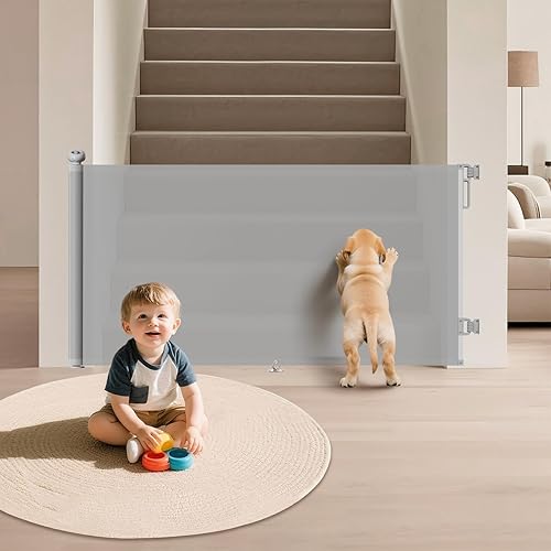 Miniatura 10 de Puertas retráctiles para escaleras, puerta de bebé de malla de 71 pulgadas de ancho para puertas, puerta de perro de 34 pulgadas de alto adecuada