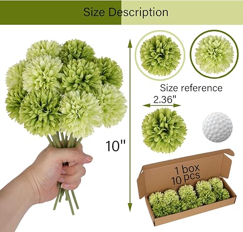 Miniatura 2 de Flores artificiales verdes 20 piezas, flores falsas de seda, crisantemo artificial en forma de bola, hortensia, ramo de novia, ramo de boda para