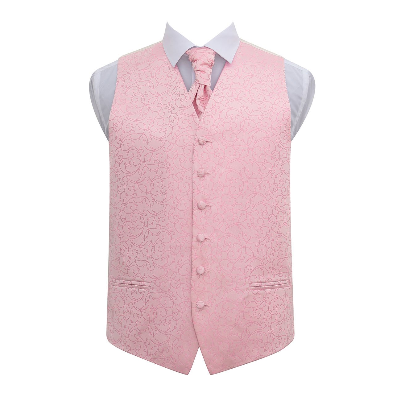 Dqt Men's Baby Pink Swirl Floral Wedding Waistcoat Vest & Cravat Set For - 44" Xxl