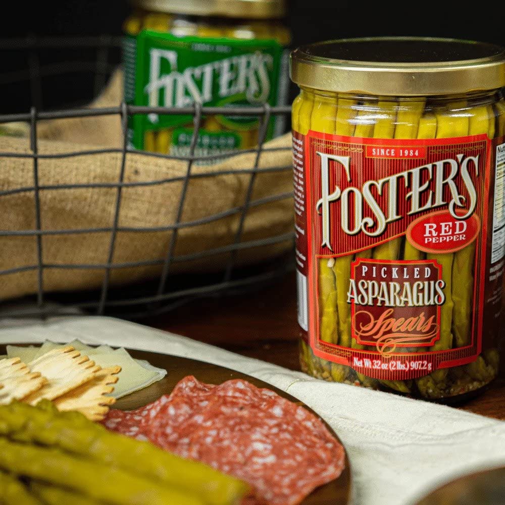 Foster's Hot Pickled Asparagus Spears in a Jar, Spicy Red Pepper, 32oz, 2 Pack, Traditional Pickled Vegetables Recipe over 40 years, Low Calorie Snack, Gluten Free, Fat and Preservative Free Pickles
