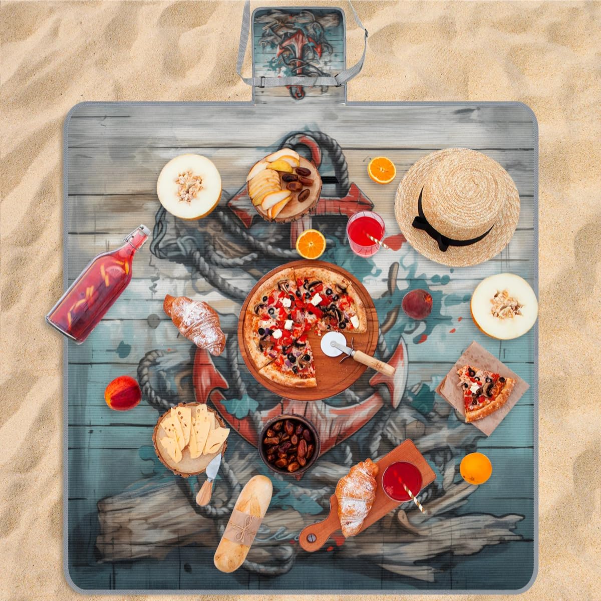 Manta de picnic de 150 x 145 cm, diseño vintage de ancla azul marino, plegable, manta de playa para exteriores, impermeable, para playa, camping, senderismo, picnic