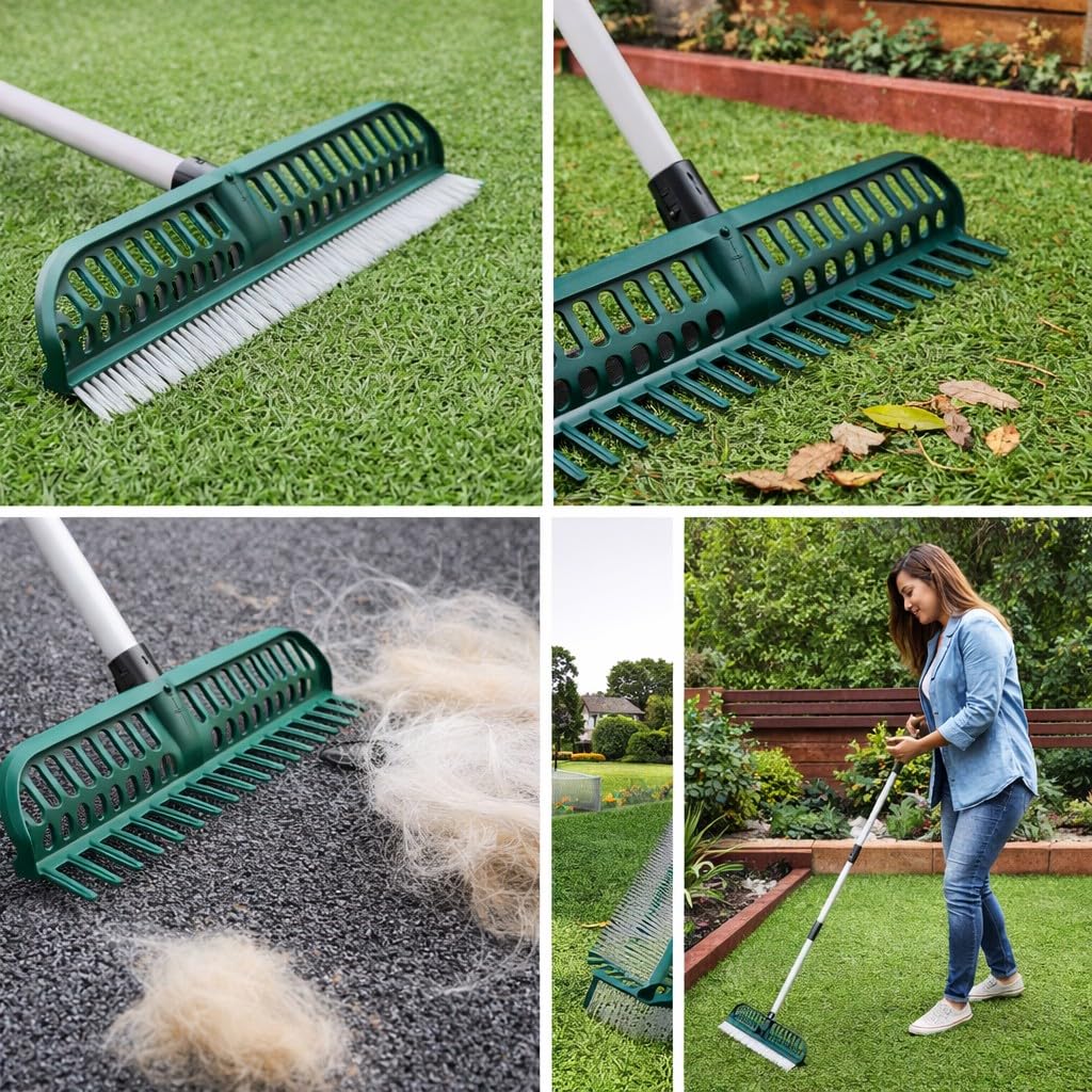 Scopa Rastrello Prato Sintetico a Doppia Faccia Spazzola Pulizia Erba Artificiale Setole in Poliammide Larghezza 45cm per Pulizia Giardino, Tappeti e Peli Animali