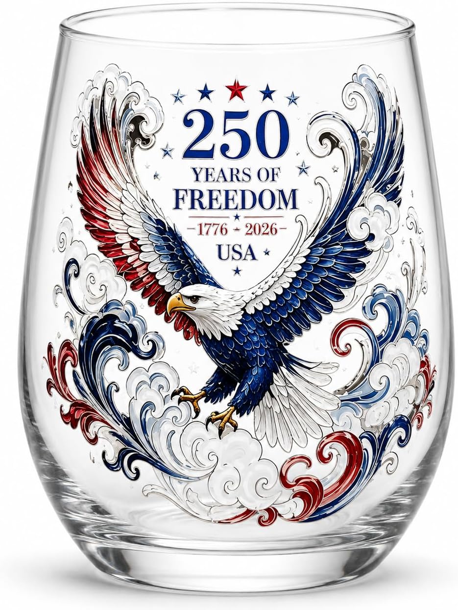 250th Anniversary Patriotic Glass Tumbler, 10 oz High Borosilicate Whiskey Glass with Eagle Design, 1776-2026 USA Semiquincentennial Drinkware Gift (TYPE-A)