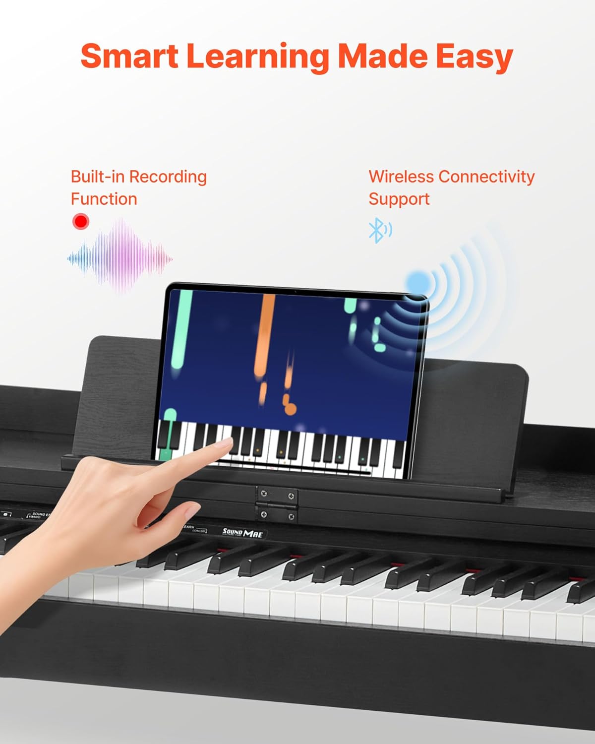 Hand interacting with a tablet connected wirelessly to the VEVOR digital piano, demonstrating smart learning features and wireless connectivity.