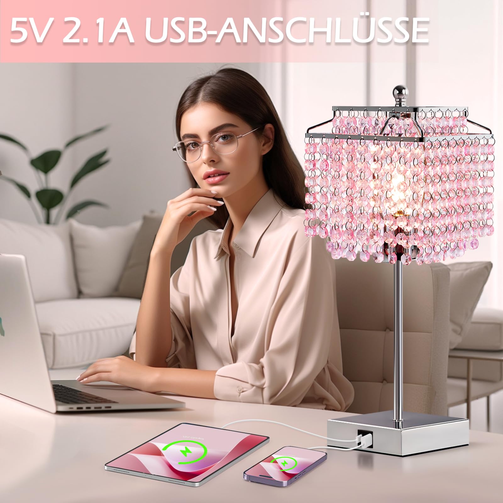 GyroVu Kristall Tischlampe, Rosa Dimmbare Touch Nachttischlampe mit Ladefunktion USB A+C-Anschlüssen Steckdosen, Kleine KristallLampe für Wohnzimmer Schlafzimmer Mädchenzimmer (Inklusive Glühbirne)