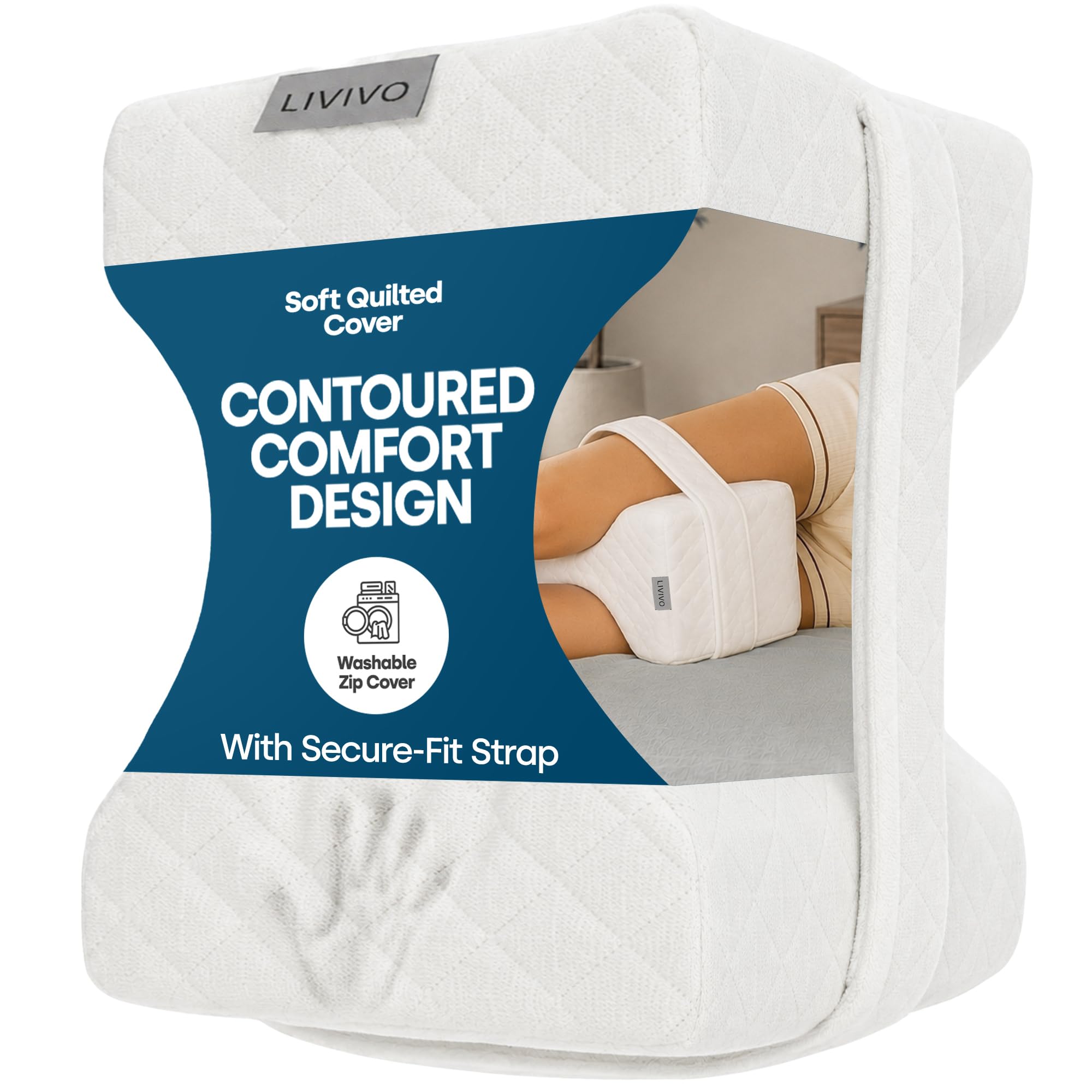 LIVIVO Knee Pillow for Side Sleepers - Knee Pillow for Sleeping on Side with Strap, Contoured Knee Cushion for Sleeping with Quilted Cover, Leg Pillow Cushion for Bedtime and Resting (White) — image 1