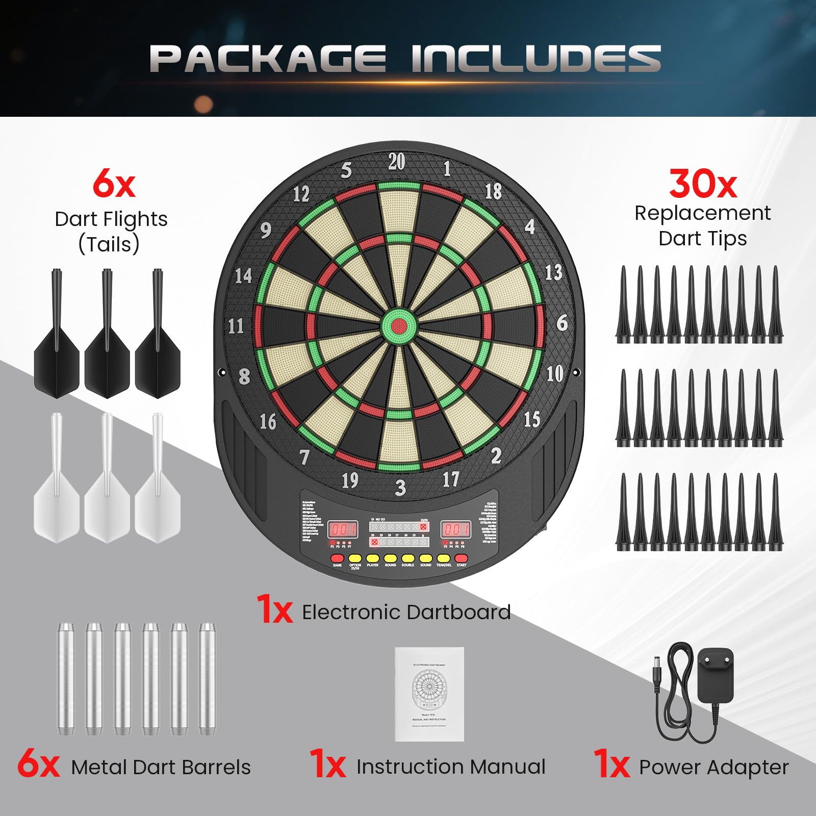 Diana electrónica con indicador LED, 33 juegos para hasta 8 jugadores, incluye 6 dardos y 30 puntas de repuesto, montaje en pared para fiestas y ocio