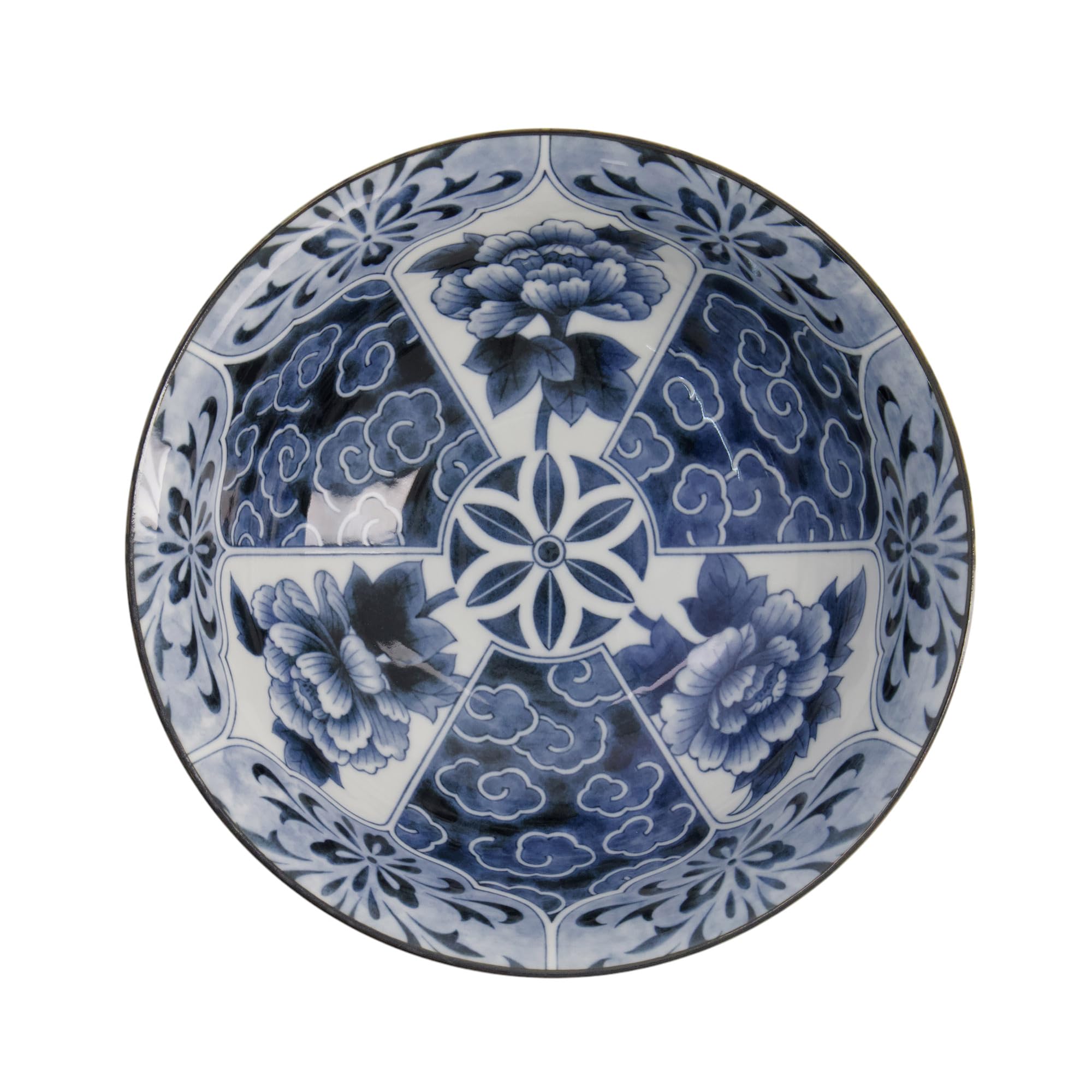 teeblume TOKYO Design Wa Botan Schalen 2er Set | Japanisches Porzellan | Suppenschalen mit Blumenmuster | Ø 21 cm, 8.7 cm hoch, 1300 ml | Geschenkset mit Essstäbchen & Holzlöffel | Made in Japan