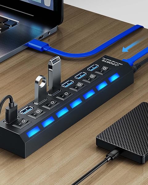 USB Hub 7 Port: Portable USB Splitter 3.0 + 2.0 Single LED Power Switch for Laptop, PC, MacBook and Other USB Devices - 3