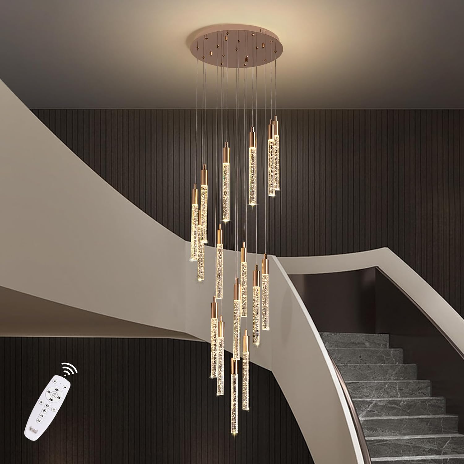 Siljoy chandelier installed in a staircase with its remote control shown.