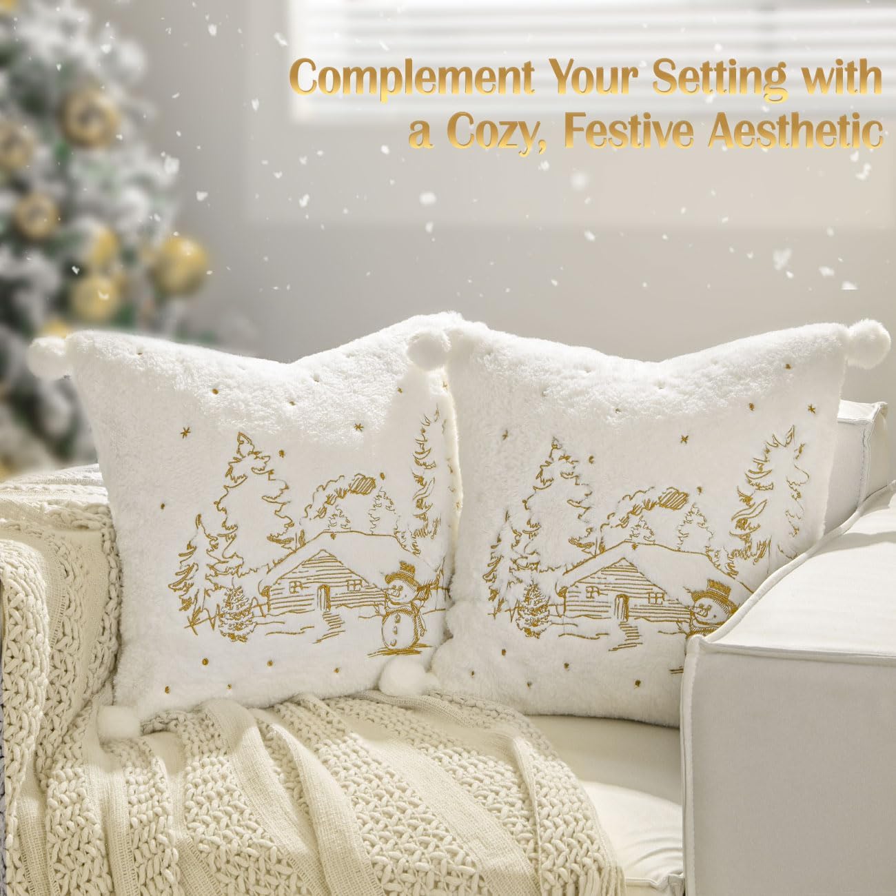 Lewondr Throw Pillow Cover, 18x18 Inch Set of 2 Soft Faux Fur Decorative Pillow Cover with Plush Ball Cute Embroidered Tree House Snowman Throw Pillow Case for Bed Home Decor Living Room, White