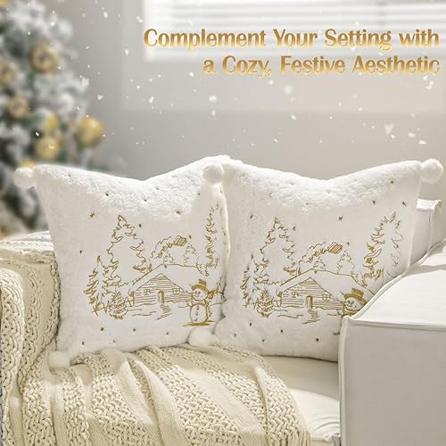 Miniatura 2 de Lewondr Juego de 2 fundas de almohada decorativas de piel sintética suave de 18 x 18 pulgadas, con bola de felpa, bonita funda de almohada bordada