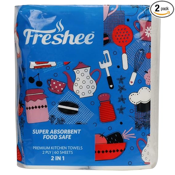 Freshee 60 Sheet 2 In 1 Kitchen Towel Tissue Paper, Hygienic Fresh Environment Friendly Water Dissolvable Disposable Dry Tissue Roll Made With 100% Virgin Fibre