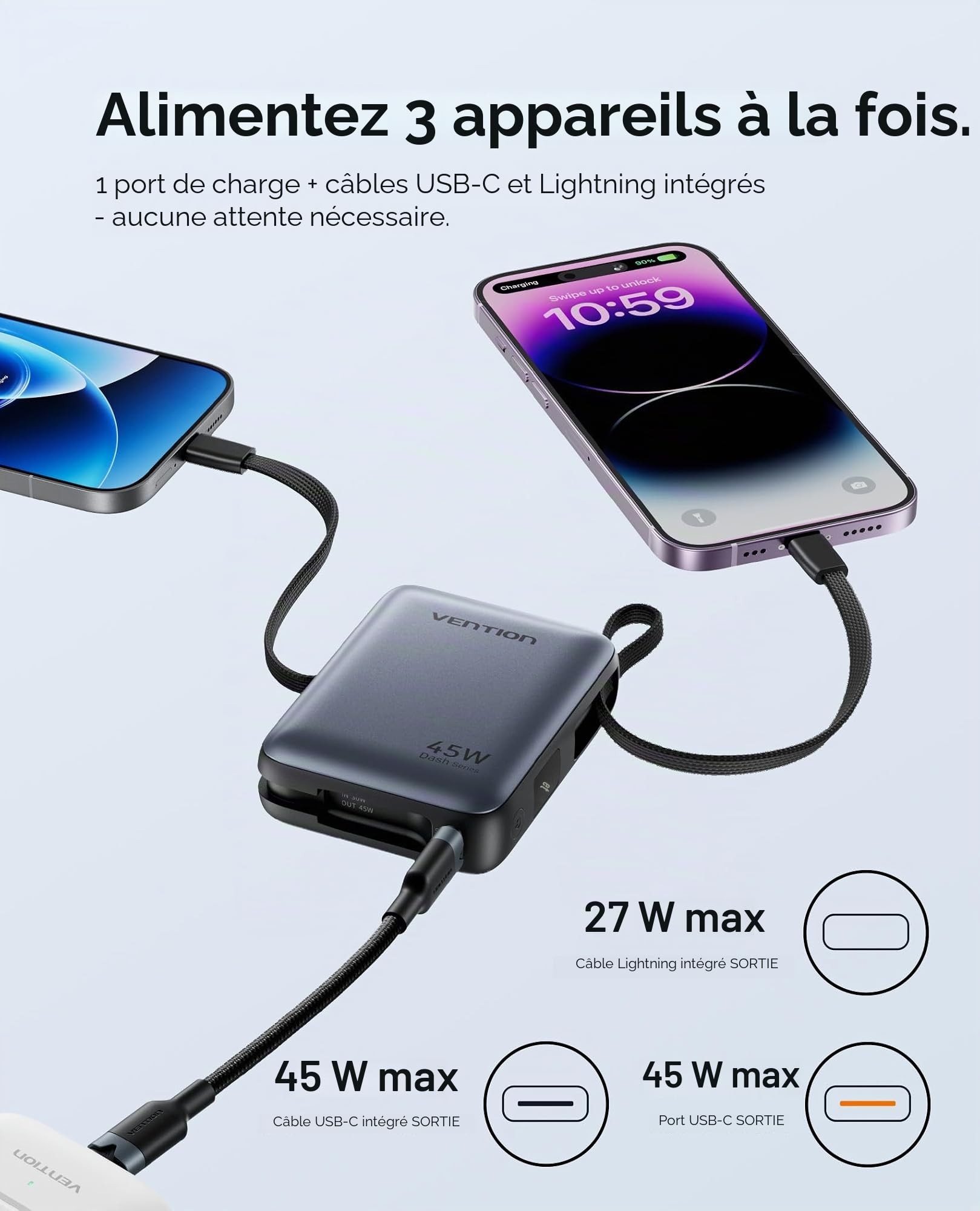 VENTION Mini 45W Batterie Externe, 10000mAh Câbles USB-C & Lightning Intégrés Power Bank, Portable Charge 3 Ports pour MacBook, iPhone 12-15 16 17 Pro Max, iPad, airpods, Galaxy S25 S24, LED