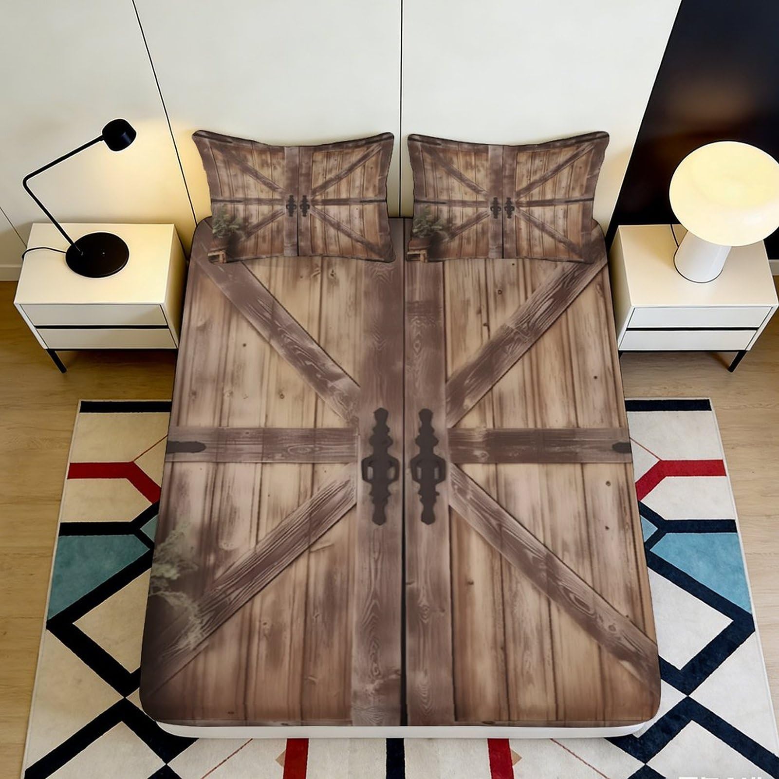 3D Printed Barn Door Wood Fitted Sheet Microfiber Soft Non-Slip Rustic Plank Bed Cover for Bedroom Guest Room Decor 90x200x25cm