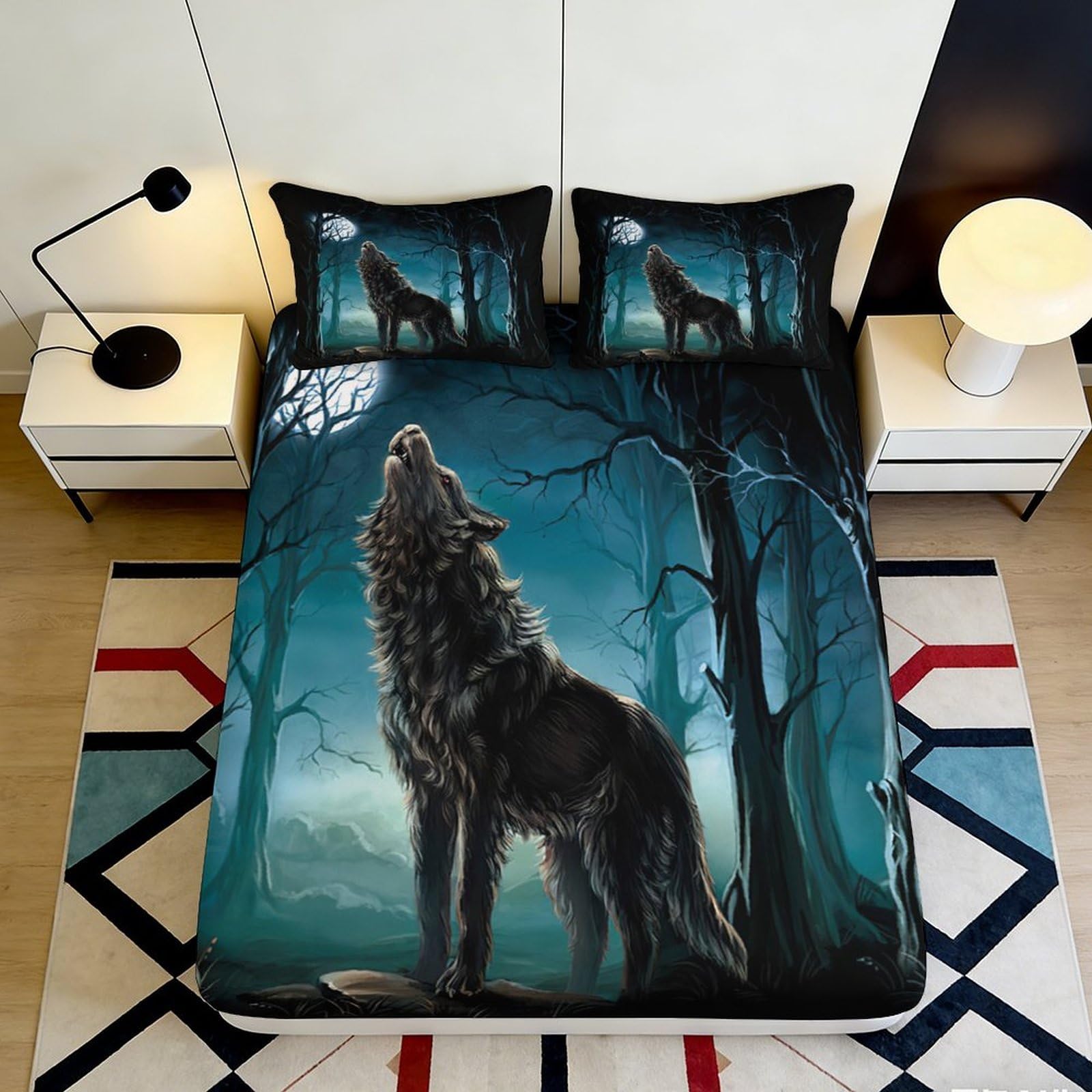 3D Printed Howling Wolf Night Forest Fitted Sheet Microfiber Soft Bed Cover for Bedroom Dorm Mattress Protection 180x200x25cm