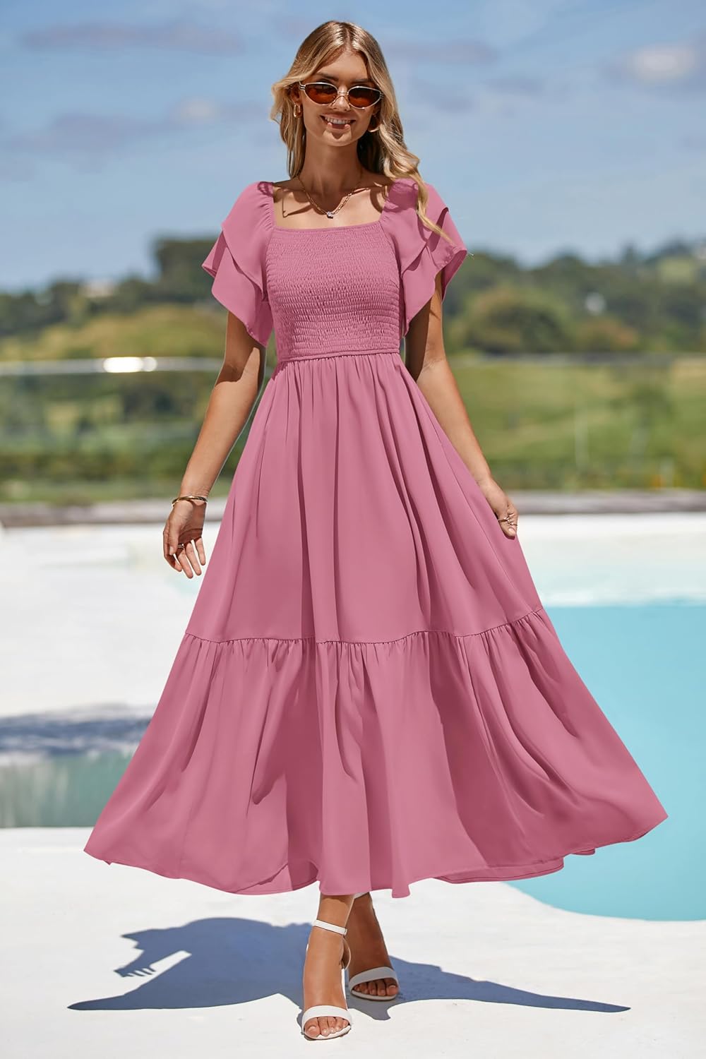 MASCOMODA Womens Summer Casual Midi Dress Square Neck Ruffle Short Sleeve Smocked High Waist A Line Wedding Guest Dresses - Image 5