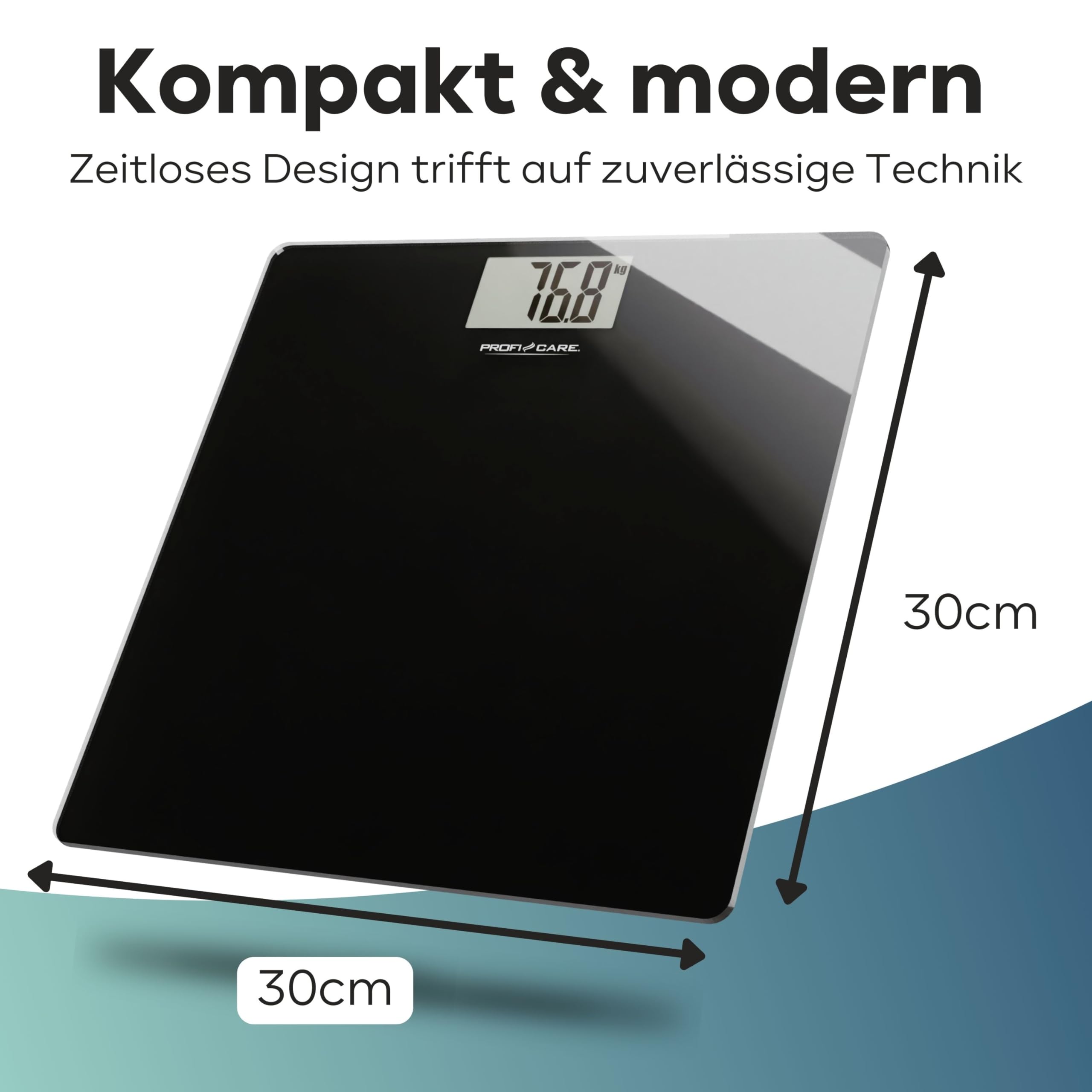 ProfiCare®Osobowy waga z powierzchnią szklaną | zakres 5-180 kg, duży wyświetlaciel LCD | step-on automatyczny