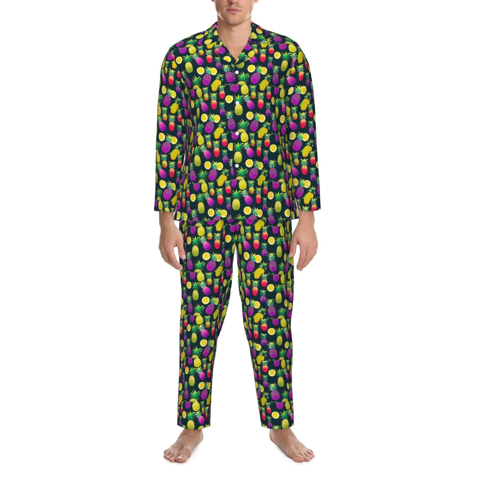 Langärmeliges Herren-Pyjama-Set mit buntem Ananas-Druck, zweiteilig, Hauskleidung, bequeme Nachtwäsche
