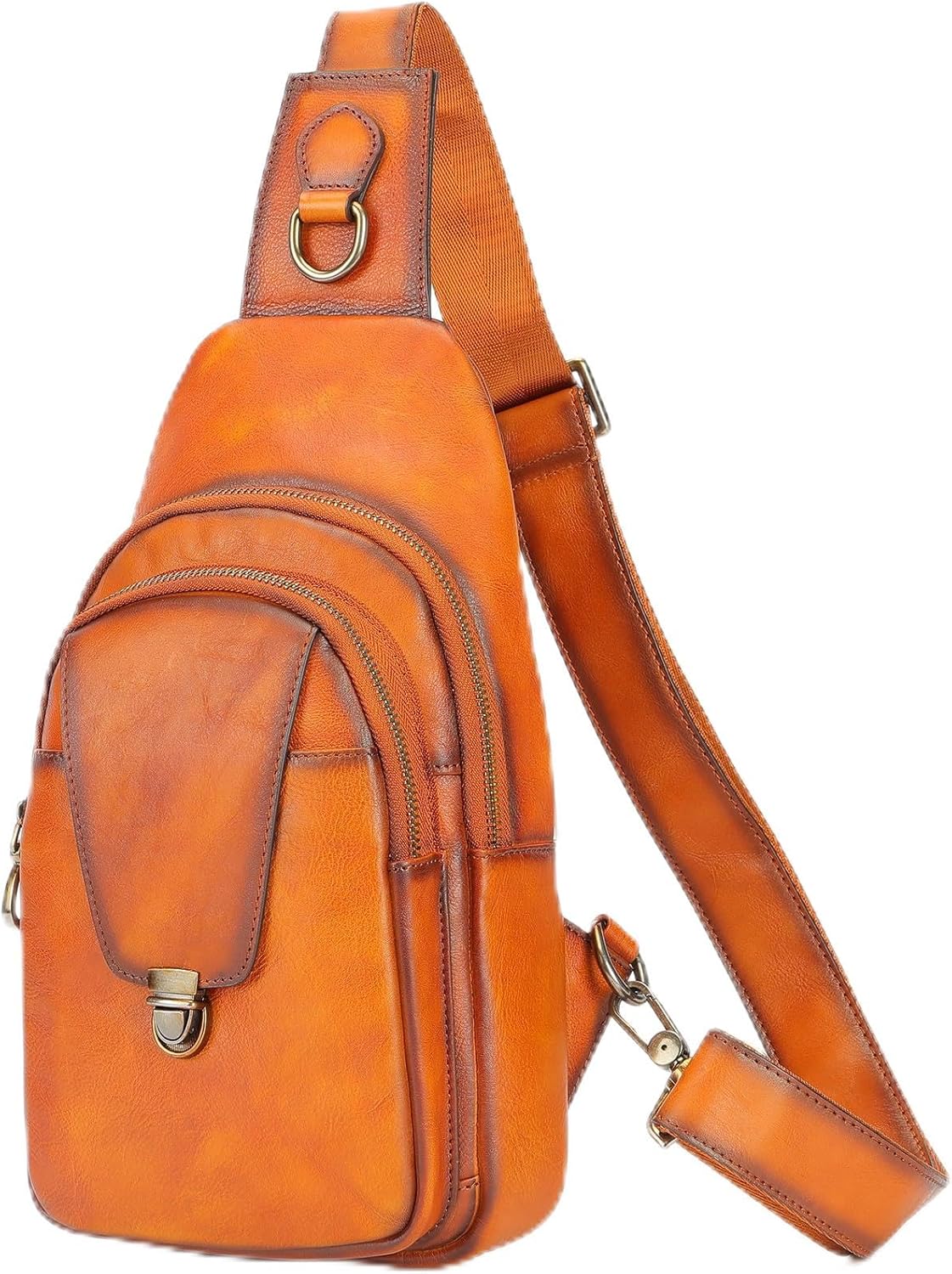 NIUCUNZH Genuine Leather Sling Bag Front Metal-Latch Crossbody Bags Handmade Vintage Chest Shoulder Backpack for Women Men