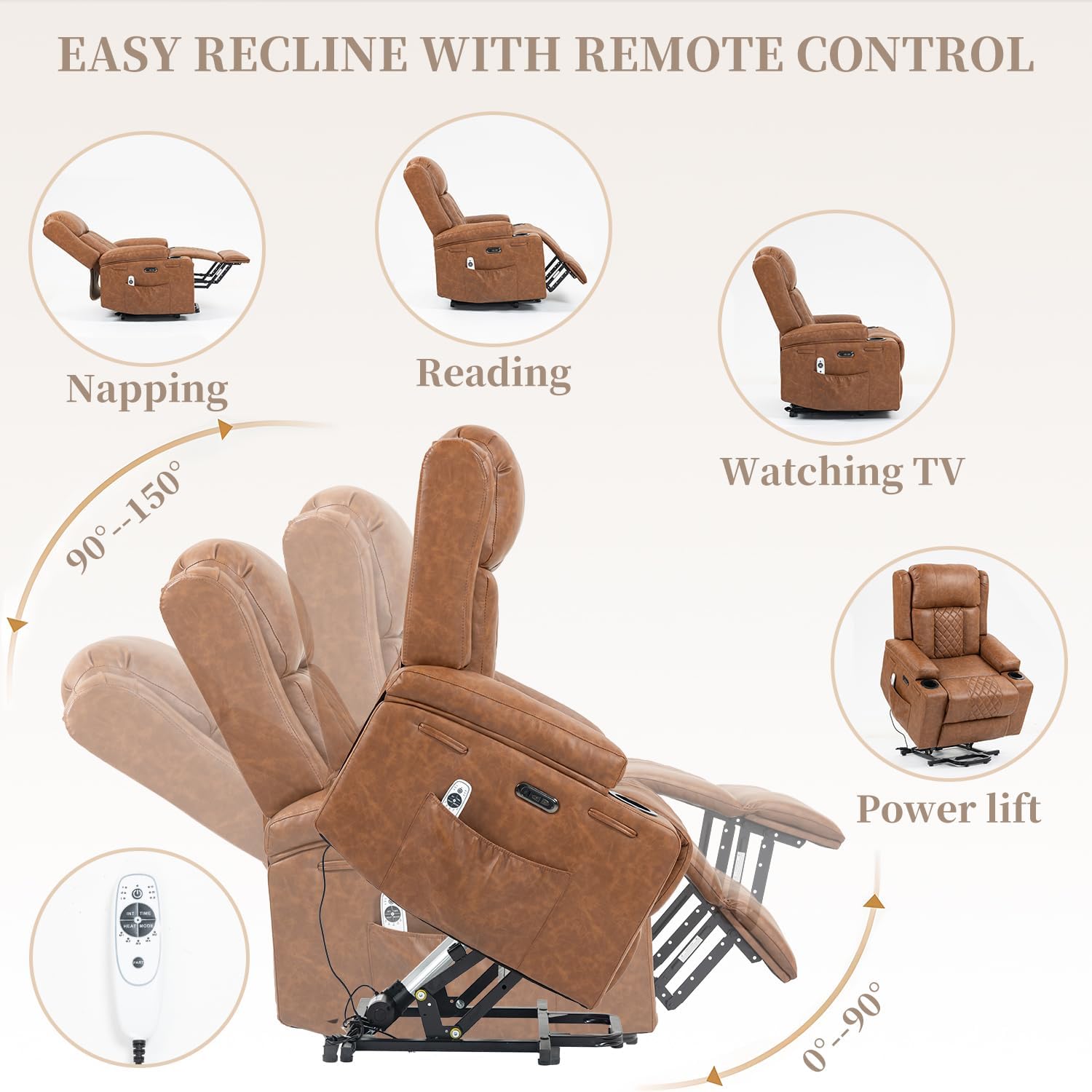 Power Lift Recliner Chair for Elderly with Vibration Massage and Lumbar Heating, Electric PU Leather Single Sofa with Cup Holders and USB & Type C Ports for Living Room, Saddle Brown