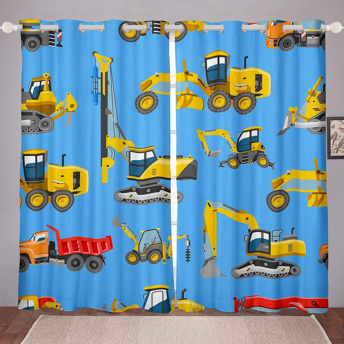 Tbrand Construction Curtains for Bedroom Living Room - Cartoon Excavator Printed Drapes for Kids Boys Girls - Heavy Machine Truck Vehicle Windows Curtains, Blue, W66*L72