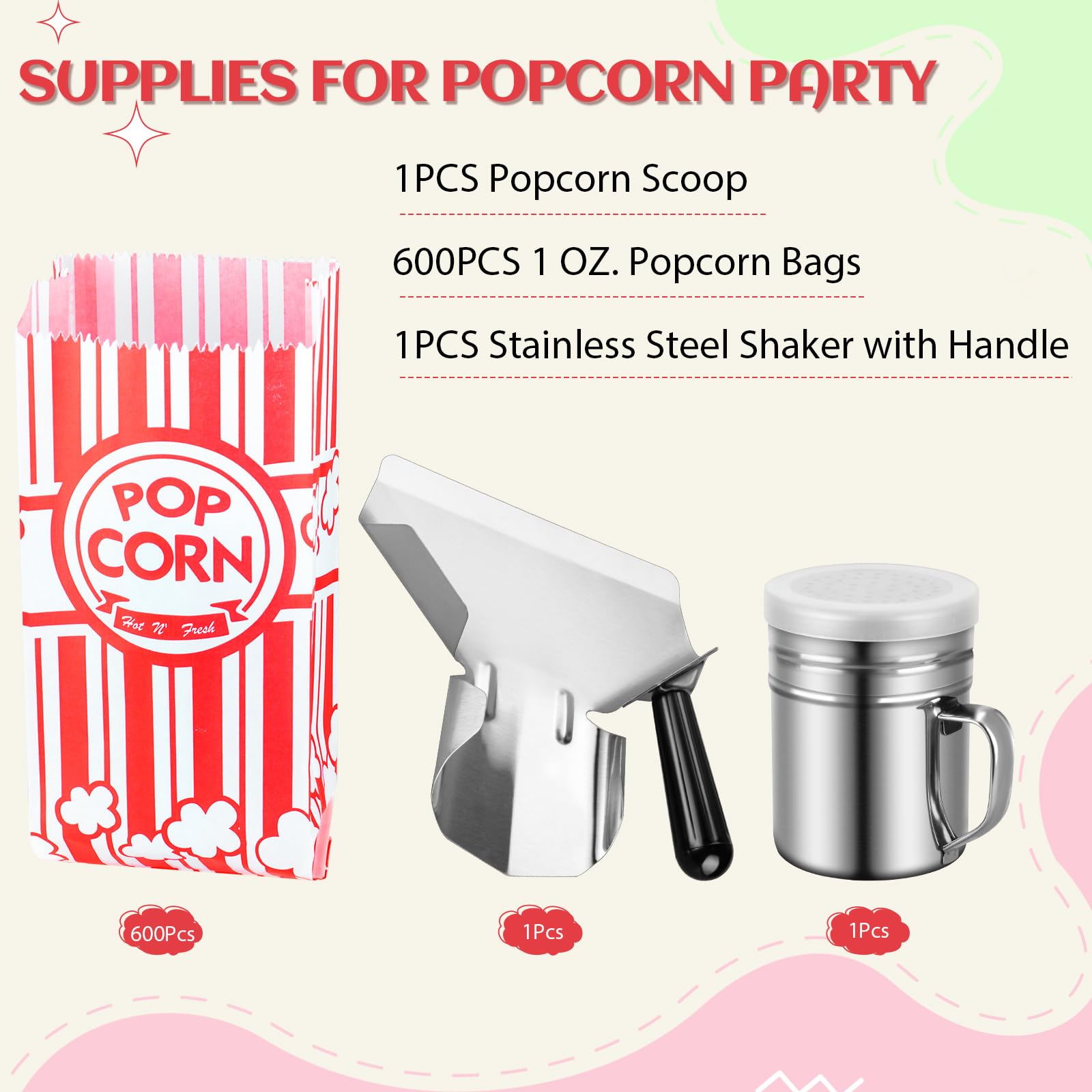 Essenya 602 bolsas de palomitas de maíz con cuchara de palomitas de maíz y salero, bolsas pequeñas de maíz de 1 onza, bolsas de palomitas de maíz, porciones individuales para suministros de máquinas