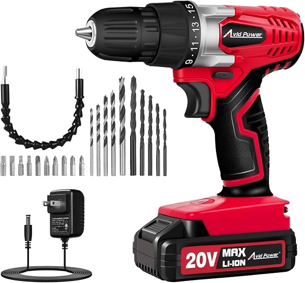 Taladro inalámbrico AVID POWER 20V para proyectos de bricolaje y principiantes - Taladro eléctrico ligero con batería, cargador y 22 puntas, velocidad variable, mandril sin llave de 3/8", ideal para ensamblar muebles (Rojo)