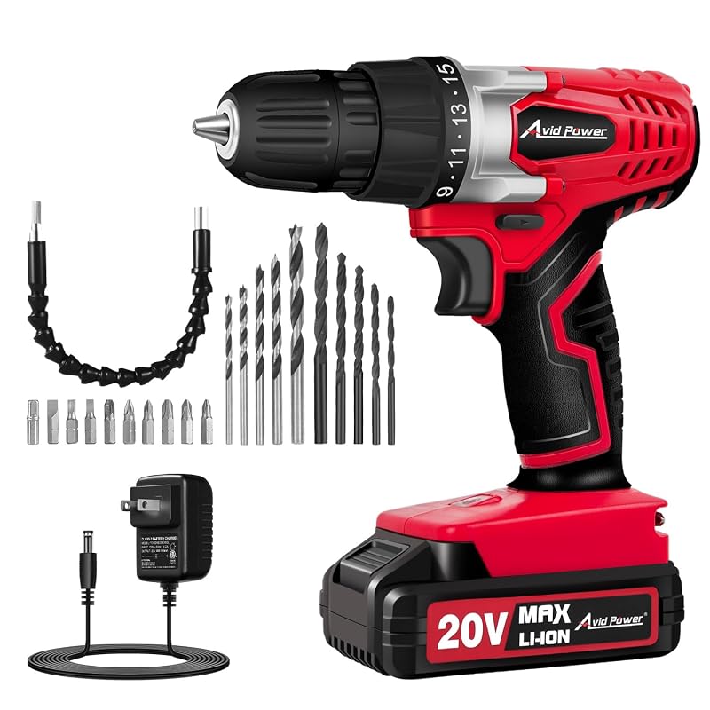 AVID POWER 20V Cordless Drill Set for Home DIY & Beginner Projects - Lightweight Power Drill with Battery Charger & 22 Bits, Variable Speed, 3/8" Keyless Chuck, Ideal for Furniture Assembly (Red) 1-re