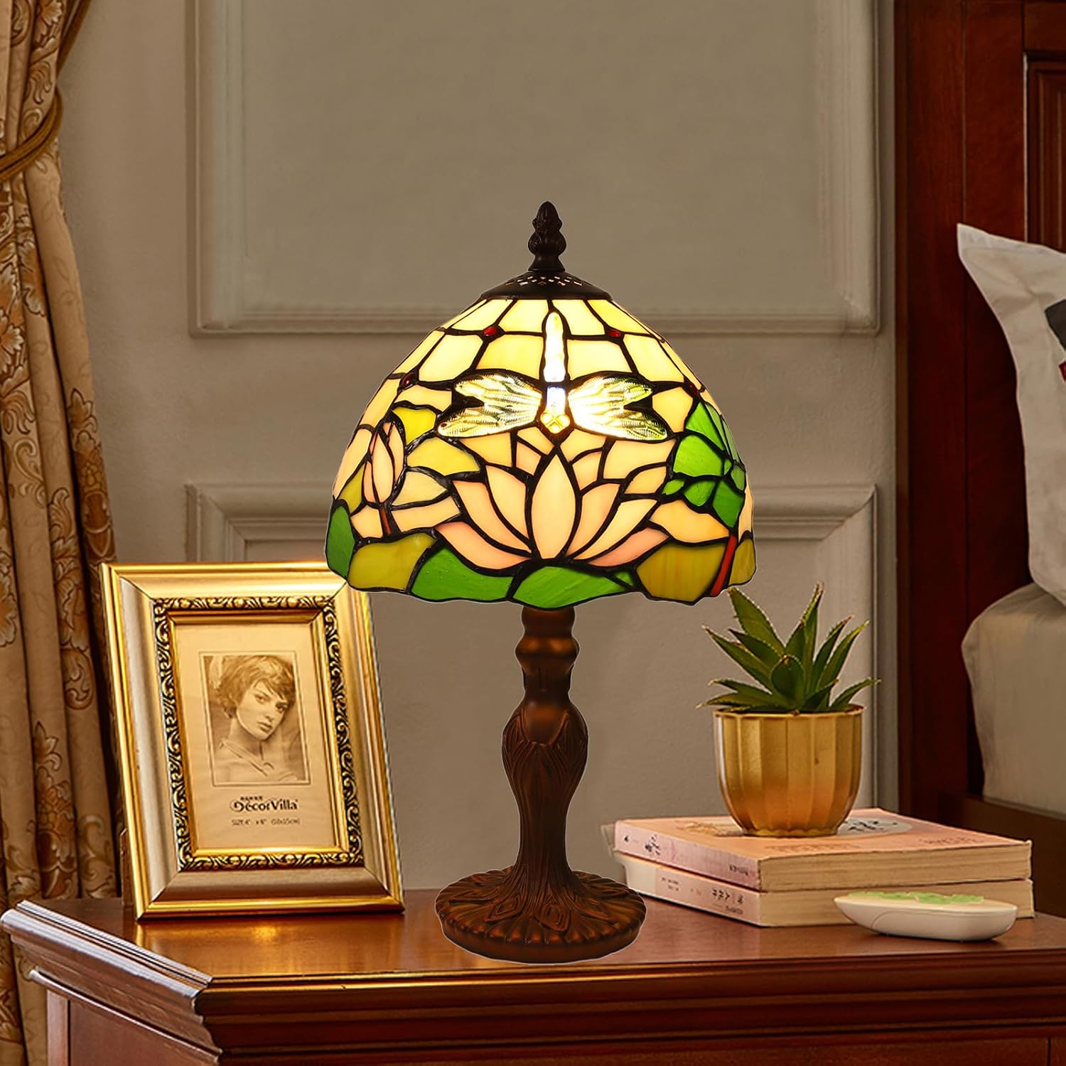 Tiffany Style Table Lamp, 8 Inch Small Antique Lamp, Stained Glass Lamp, Dragonfly and Flower Pattern, for Bedside Nightstand Bedroom Living Room Home Office, Include LED Bulb